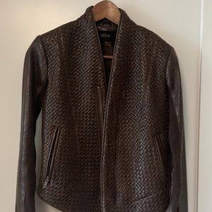 Veda zip leather jacket S - dark brown woven leather with knit panels in sleeves